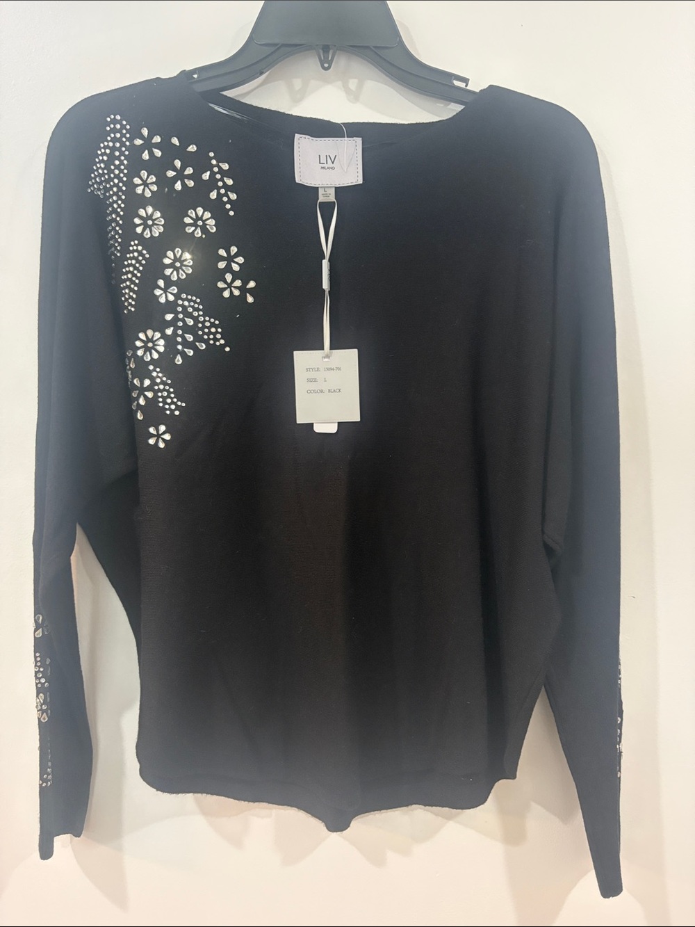 Milano Black Long-Sleeve Top with Silver Floral Studs